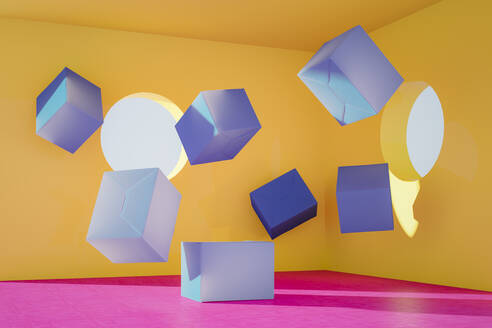 3D rendering, Blue boxes floating in yellow room with pink floor - ECF01970