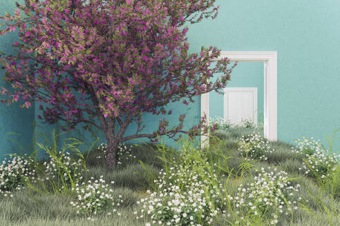 Blühender Baum und Wiese, die in den Räumen eines leeren Hauses wachsen - ECF01972