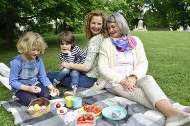 Glückliche Kinder genießen ihr Picknick mit Mutter und Großmutter in einem öffentlichen Park - ECPF00970