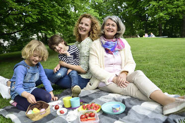 Glückliche Familie in der dritten Generation beim Picknick im öffentlichen Park - ECPF00971