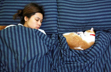 Mid Erwachsene Frau mit Katze Schlafen auf Bett - EYF07746