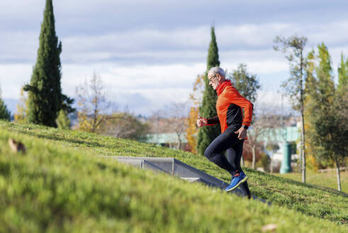 Seitenansicht von Senior Man Running On Steps In Park - EYF08140