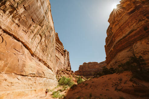 Female hiker looks small at the base of a canyon wall in The Maze Utah - CAVF85841