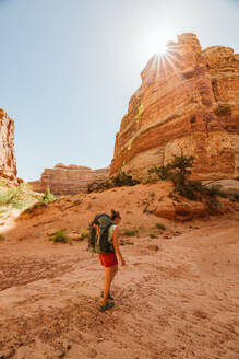 Lone female hiker walks on a dried river bed under red canyon cliffs - CAVF85843