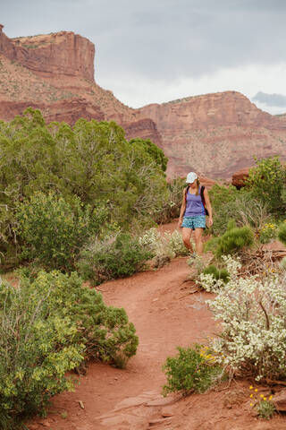 Wanderin in Shorts und Tanktop wandert durch Wüstengebüsch, lizenzfreies Stockfoto