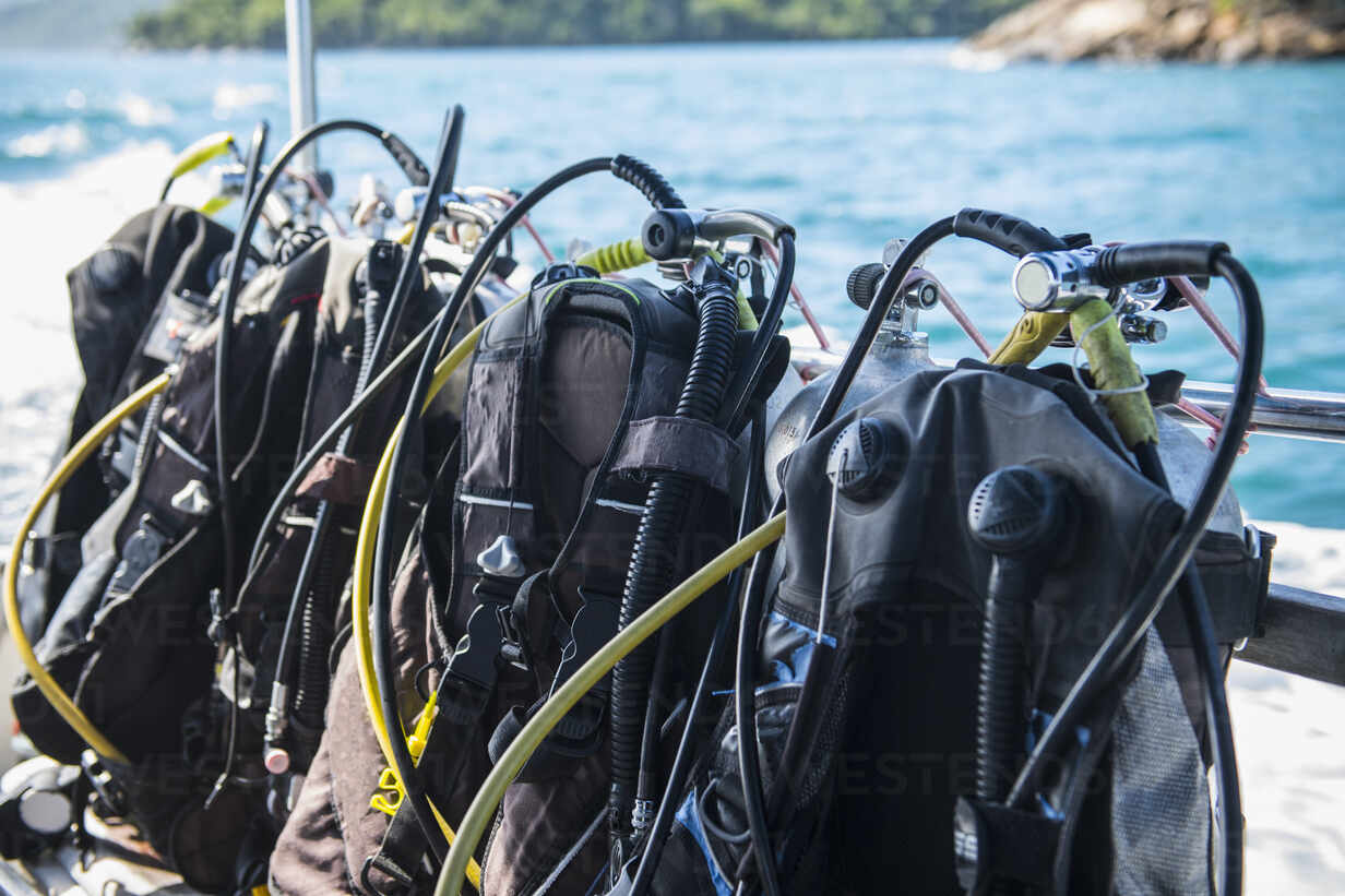 Scuba diving gear ready set up for a dive at Ilha Grande stock photo