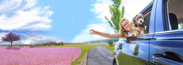 Panoramic View Of Cheerful Teenage Girl With Dog Enjoying Road Trip In Car Against Sky - EYF08312