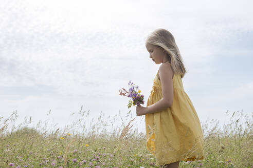 Blond little girl wearing yellow dress standing on a meadow with bouquet of picked field flowers - EYAF01189