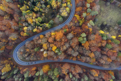 Deutschland, Bayern, Drohnenaufnahme einer kurvenreichen Landstraße durch den herbstlichen Wald im Steigerwald - RUEF03009