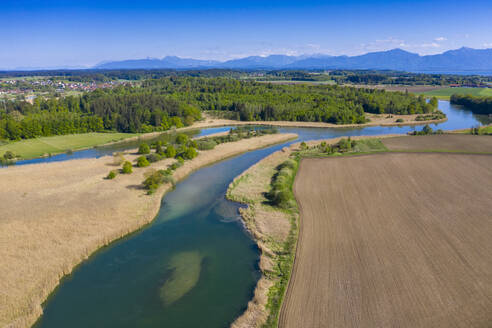 Germany, Bavaria, Upper Bavaria, Chiemgau, Fields and Alz river - LBF03114