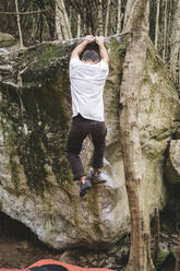 Ganzkörper eines männlichen Bergsteigers, der einen Felsen im Wald erklimmt - CAVF86358