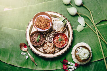 High Angle View Of Meal Served In Plate On Banana Leaf - EYF08904