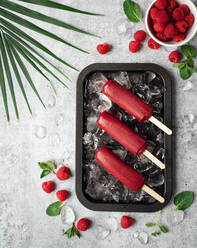 Raspberry popsicles on a tray with ice and fruit on grey background. - CAVF86377