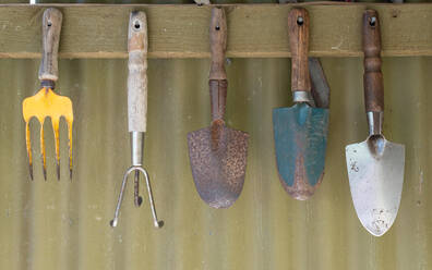 Nahaufnahme der Gartenarbeit Ausrüstung hängen auf Holz - EYF08990