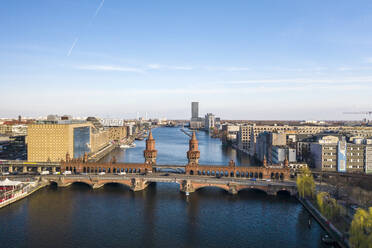 Germany, Berlin, Aerial view of Oberbaum Bridge and river Spree canal - TAMF02368