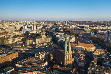 Germany, Berlin, Aerial view of Saint Nicholas Church and surrounding buildings of Nikolaiviertel quarter - TAMF02376