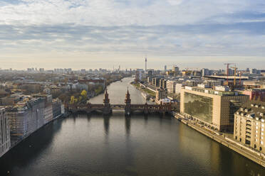 Germany, Berlin, Aerial view of Oberbaum Bridge and river Spree canal - TAMF02392