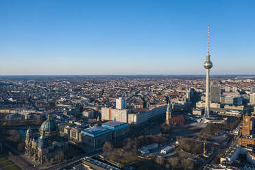 Germany, Berlin, Aerial view of Fernsehturm Berlin, Berlin Cathedral and Alexanderplatz - TAMF02407