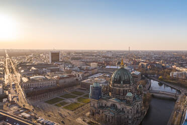 Germany, Berlin, Aerial view of Berlin Cathedral and Museum Island at sunset - TAMF02411