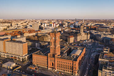 Germany, Berlin, Aerial view of Rotes Rathaus at dusk - TAMF02412