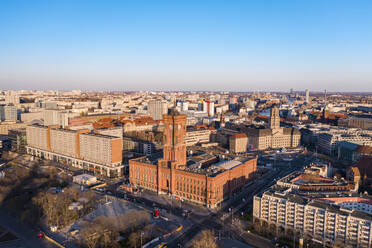 Germany, Berlin, Aerial view of Rotes Rathaus at dusk - TAMF02413