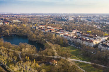 Germany, Berlin, Aerial view of pond at edge of Treptower Park in autumn - TAMF02426