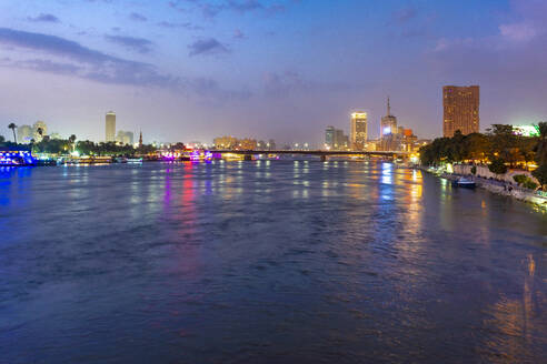 Egypt, Cairo, River Nile with 6th October Bridge at night - TAMF02443