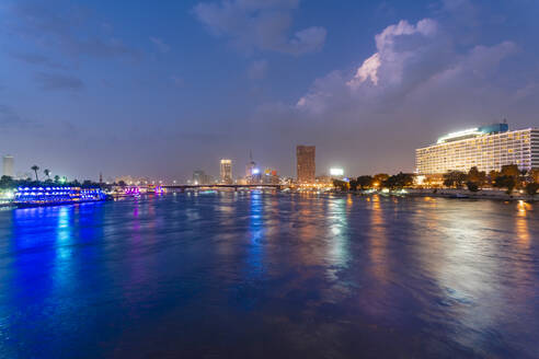 Egypt, Cairo, River Nile with 6th October Bridge at night - TAMF02444