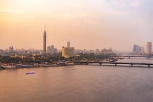 Egypt, Cairo, Nile with the Cairo Tower on Gezira Island at sunset - TAMF02454