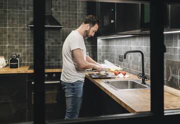 Mature man standing in kitchen, chopping onions - DGOF01145