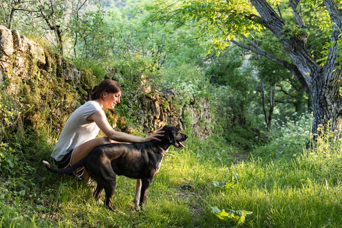 Frau streichelt und spielt mit ihrem Hund in einem Wald. - CAVF86658