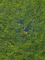 Mann im Gras liegend, Luftaufnahme - KNTF04729