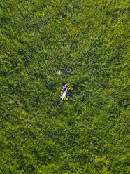 Woman lying on grass, aerial view - KNTF04735