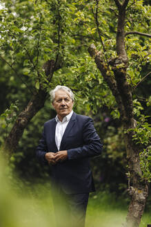 Selbstbewusster älterer Geschäftsmann, der an einem Baum in einem ländlichen Garten steht - GUSF04049