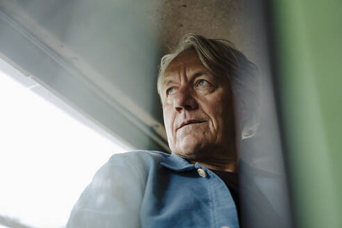 Porträt eines älteren Mannes auf einem Traktor - GUSF04127