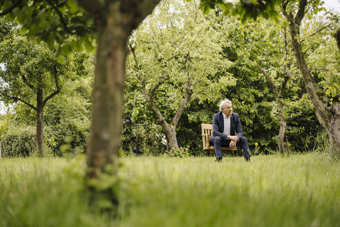 Älterer Geschäftsmann sitzt auf einem Stuhl in einem ländlichen Garten - GUSF04146
