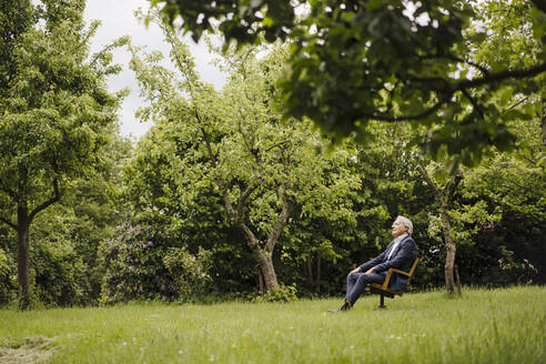 Älterer Geschäftsmann sitzt auf einem Stuhl in einem ländlichen Garten - GUSF04147