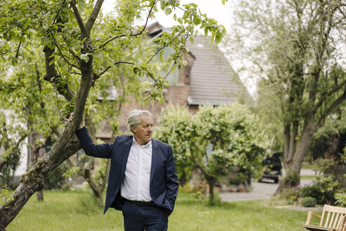 Ein älterer Geschäftsmann steht an einem Baum in einem ländlichen Garten - GUSF04150
