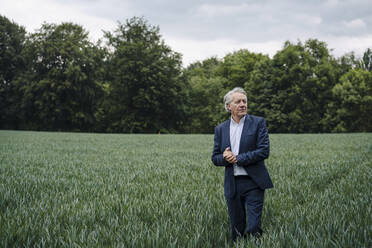 Älterer Geschäftsmann auf einem Feld auf dem Lande - GUSF04156