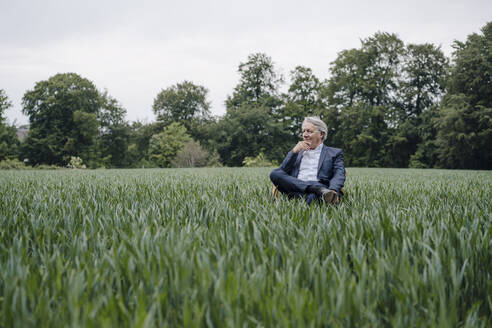 Älterer Geschäftsmann sitzt auf einem Stuhl in einem Feld auf dem Lande - GUSF04161
