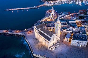 Italien, Apulien, Trani, Kathedrale von San Nicola Pellegrino bei Nacht, Luftaufnahme - AMF08273