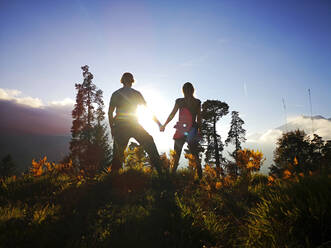 Germany, Bavaria, Garmisch-Partenkirchen, Silhouettes of man and woman holding hands on landscape at sunset - ECPF00974