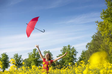 Carefree woman with arms raised throwing umbrella while standing amidst oilseed rapes - BFRF02260
