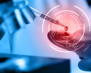 Digital Composite Image of Molecular Structures With Scientist Doing Experiment In Lab - EYF09311