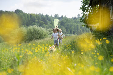 Carefree children with dog running on grassy landscape in forest - VPIF02535