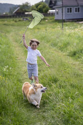 Happy boy holding butterfly net running with dog on grassy land - VPIF02545