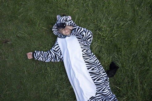Boy wearing zebra costume lying on grassy land in yard - VPIF02574