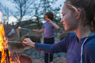 A teenage girl making smores with her brother over a fire in a garden at dusk. - MINF14605