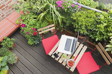 Laptop lying on balcony table surrounded by various summer herbs and flowers - GWF06618