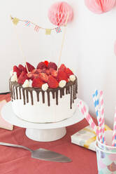 Torte mit Zuckerguss, Schokolade und Erdbeeren auf dem Partytisch - SKCF00646